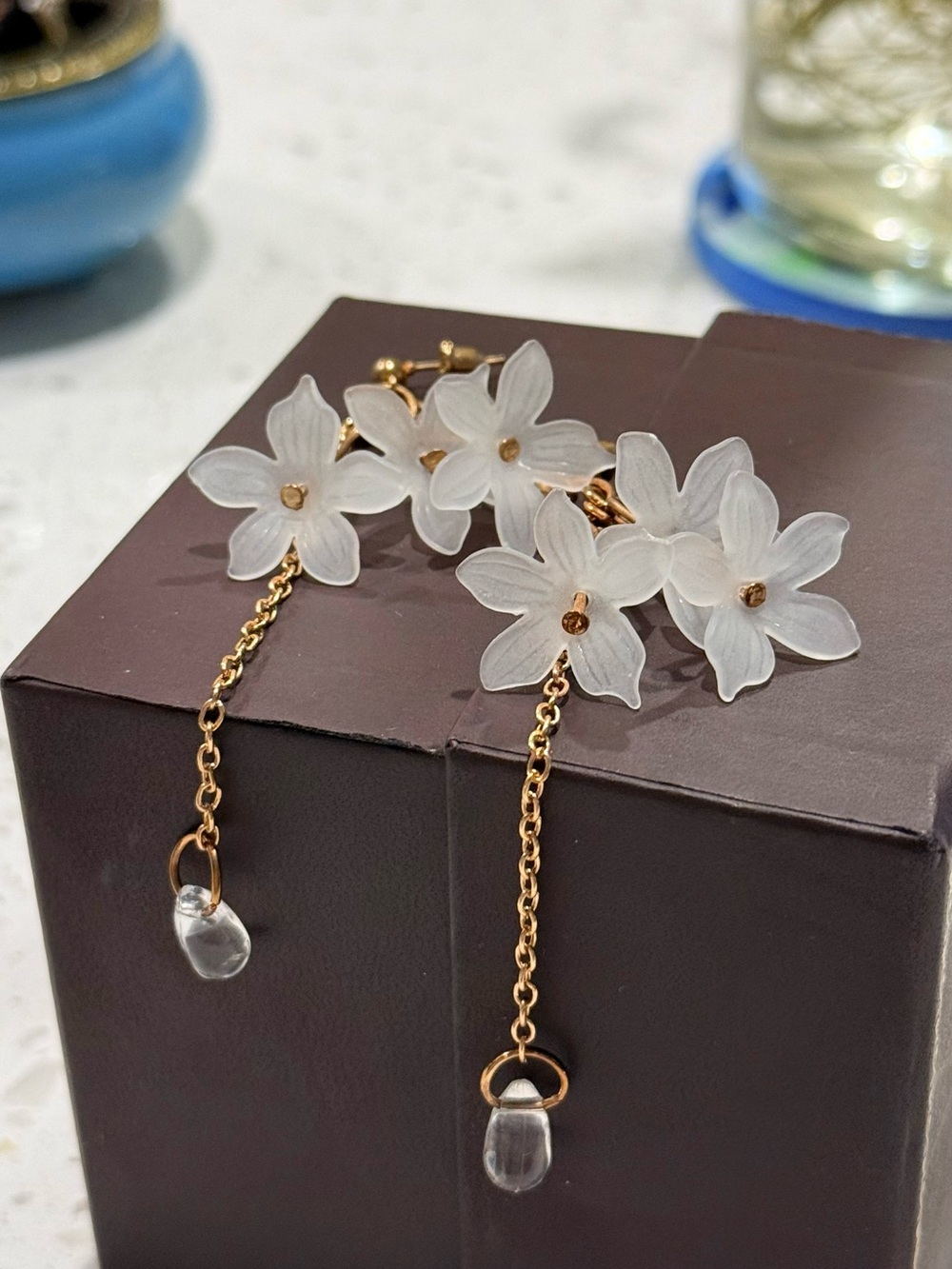 White Flower Long Drop Earrings